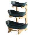 3 tiers ceramic fruit candy dish tray with wooden stand decorative cheap 3 tier bamboo cake stand fruit tray